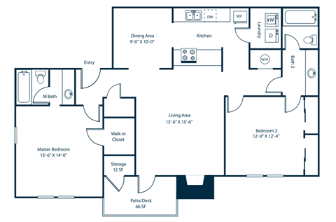Floor plan for 2 beds, 2 baths, 1170 sqft